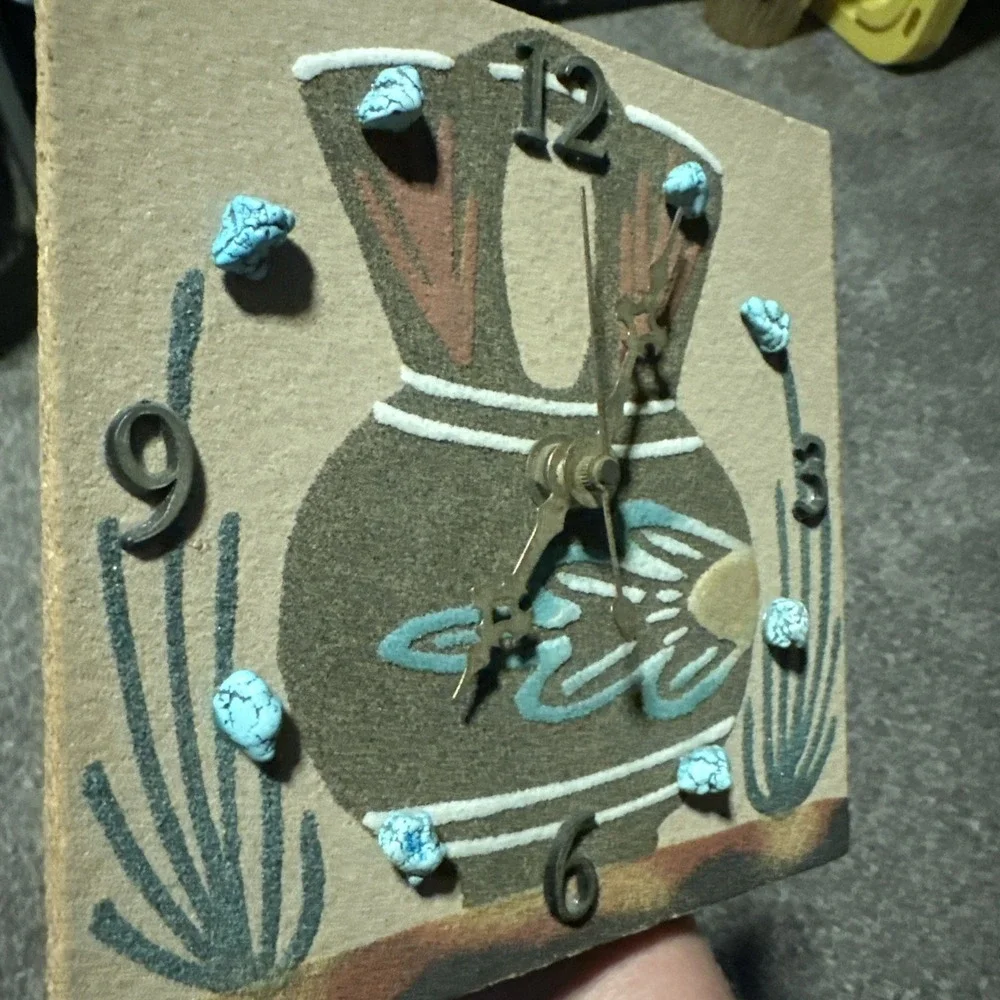 Southwestern Sand Art Wall Quartz Clock Turquoise-Look Accents Desert Pottery